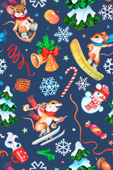 Seamless watercolor pattern with Christmas trees, snowflakes, snowman, lollipops, candy, pine cones and cute funny mice.