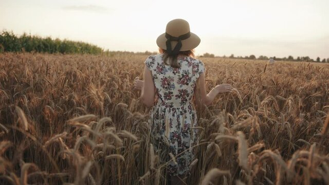 A young girl in a straw hat goes across a wheat field in the rays sun. Privacy and freedom concept. Slow motion. Back view