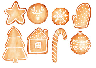 Big collection of watercolor gingerbread. Christmas gingerbread of different form are isolated on a white background.