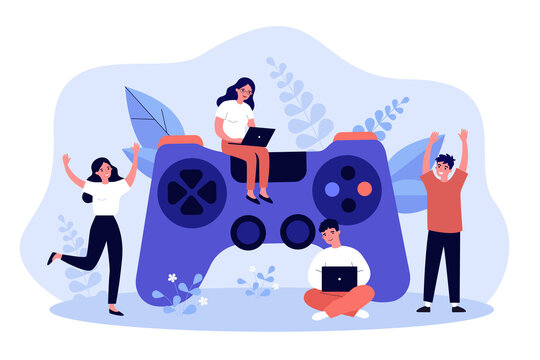 Tiny people with gamepad playing video games on console. Male and female gamers gaming flat vector illustration. Entertainment, gamification concept for banner, website design or landing web page