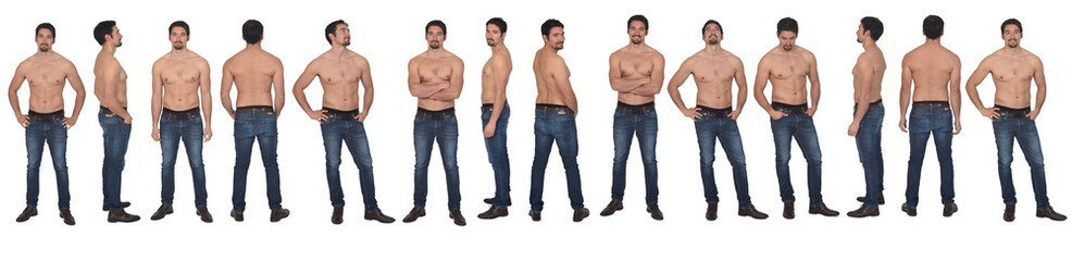 line of large group of same man shirtless on white background - Powered by Adobe