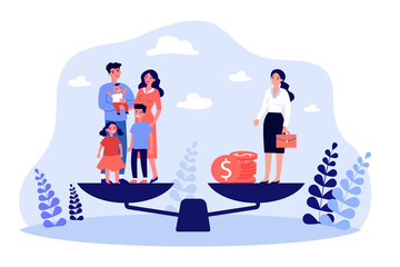 Family with kids and businesswoman standing on scales. Choice between maternity and career for woman flat vector illustration. Life comparison concept for banner, website design or landing web page