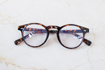 Modern blue light blocking screen glasses isolated in a white studio shot.