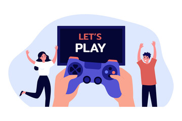 Hands of gamer with gamepad playing video game on console. Tiny people with controller for play station flat vector illustration. Entertainment concept for banner, website design or landing web page © Bro Vector