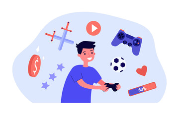 Boy gamer playing with gamepad online. Top rating of digital games for children flat vector illustration. Console game development, entertainment concept for banner, website design or landing web page - obrazy, fototapety, plakaty