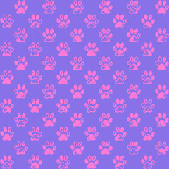 Paw prints in violet and pink, a seamless background pattern