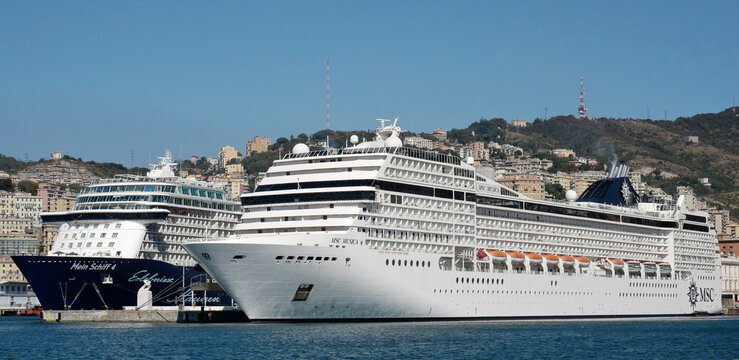 Cruise ships in the Italian port of Genoa. In the picture, a Mein Shiff ship and the MSC Musica ship. 
