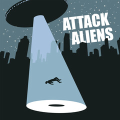 Vector banner on the theme of an alien attack with a large flying saucer that sent a light beam and kidnaps a person at night in a big city. UFO invasion. Contact with an extraterrestrial civilization © paseven
