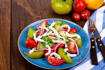 Healthy vegetable salad with tomatoes and squid pieces. Studio Photo.