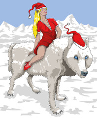 Elfe de Noël sur un loup blanc