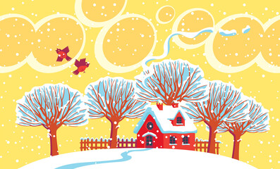 A winter landscape with snowy trees, a couple of birds, cartoon clouds in the yellow sky and a cute little red house on a snow-covered hill. Decorative vector illustration in flat style