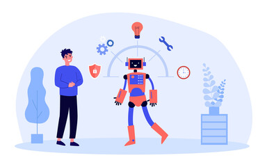 Man standing with multitasking robot. Support, advice of artificial intelligence at work of people flat vector illustration. AI service, chatbot concept for banner, website design or landing web page