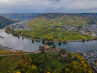 Jesienny widok na Burg Metternich nad Mozelą w Nadrenii-Palatynacie , w Niemczech. - obrazy, fototapety, plakaty