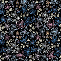 Abstract flowers vector seamless pattern with drawing yellow, gold, silver, blue. Floral watercolor background and line art hand drawn illustration. Exotic flowering autumn texture