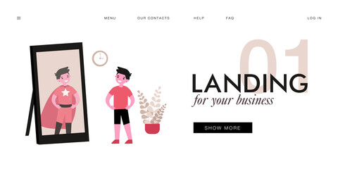 Smiling boy looking in mirror and seeing superhero. Kid standing in front of mirror, child in superhero costume flat vector illustration. Childhood, imagination concept for banner, website design