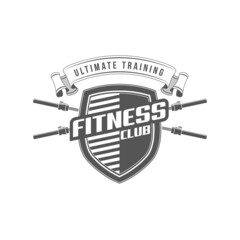 logo athletic club for bodybuilding, powerlifting, weightlifting, crossfit and fitness training. Barbell club logo vintage design isolated on background. Emblem for gym and heavy training of strongman