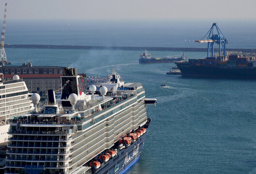 Cruise ships in the Italian port of Genoa. In the picture, a Mein Shiff ship. 
