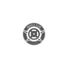 logo athletic club for bodybuilding, powerlifting, weightlifting, crossfit and fitness training. Barbell club logo vintage design isolated on background. Emblem for gym and heavy training of strongman