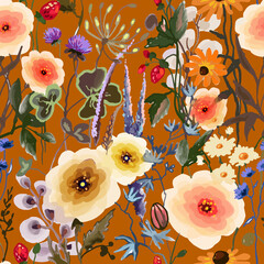 vector seamless pattern with watercolor wild flowers, meadow blooming, strawberry on orange background. Hand drawn floral botanical herbal texture, print. Vector