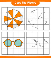 Copy the picture, copy the picture of Beach Umbrella and Sunglasses using grid lines. Educational children game, printable worksheet, vector illustration