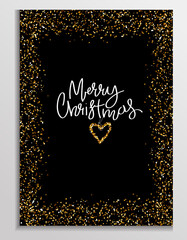 Gold Glitter card with hart and sparkle frame. Lettering Merry Christmas and Happy New Year. Glittery Background, Greeting or corporate card, poster, holiday cover. Glittering vector illustration.