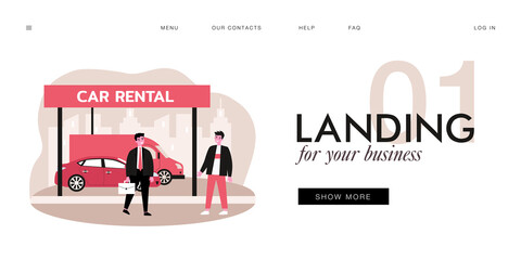 Salesman and customer standing in front of different cars. Male character making deal, selling vehicle flat vector illustration. Car rental, traveling concept for website design or landing web page