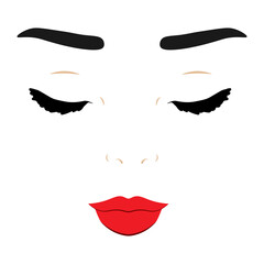 Hand drawn beautiful woman with close eyes, perfectly shaped eyebrows and lashes and red lips. Vector illustration for business visit card, typograph, print. Perfect salon look.