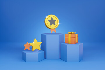 3D cartoon Winners podium with cups, gold winners, and gold stars isolate blue background - 3D render illustration
