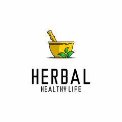vector illustration of herbal logo, green leaf and bowl vector