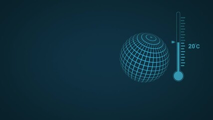 schematic 2D animation of a thermometer and planet earth, global warming, raising the temperature to 50 degrees Celsius, infographics.