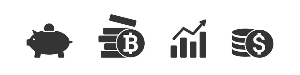 Finance icon set. Piggy bank, dollar coin, bitcoin sign. Rise graph stock market isolated icon vector set.