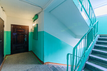 Russia, Moscow- May 04, 2020: interior public place, house entrance. doors, walls, staircase corridors
