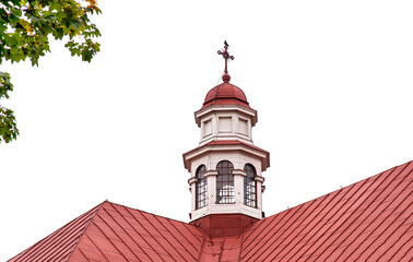 General view and architectural details of the Baroque Catholic Church of Our Lady of Częstochowa built in 1931 in the town of Mońki in Podlasie, Poland.