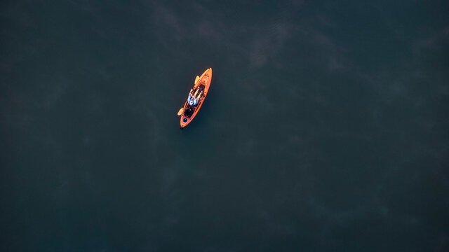 Drone photo of Kayak fisherman bass fishing on Skiatook Lake in Oklahoma