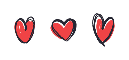 Doodle heart set. Hand drawn collection of hearts. Love symbol grungy sketches.
