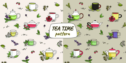 Pattern of different types of tea, teapots and cups with illustrations of plants. Wallpaper, background. Green and black tea, hyacinth. Mint, chamomile,melissa, linden, currant, strawberry.