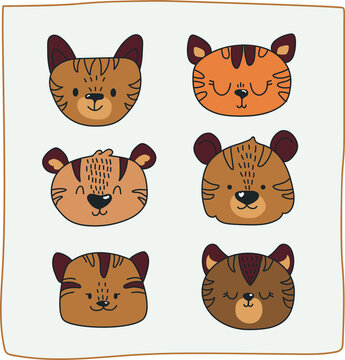 Vector muzzles of tigers, symbol of 2022.
Cute faces of animals, tigers. Avatars with big cats