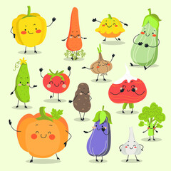 Vector set of cute funny vagetables. Pumpkin, carrots, bell peppers, onions, garlic, potatoes, eggplant, broccoli, zucchini, beets