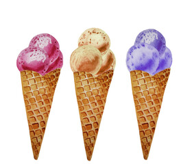 Set of ice cream balls in waffle cones. Watercolor hand drawn illustration isolated on white background. Ice cream clipart. Summer dessert for a child. Gelato. Background for menu, art, print, logo,