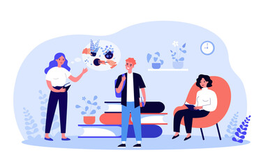 People reading book about planting garden plants. Tiny persons growing flowers in flowerpots at home flat vector illustration. Gardening hobby concept for banner, website design or landing web page