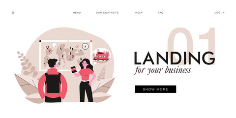 Cartoon man and woman planning trip. Flat vector illustration. Happy couple standing near map with backpack and passport and dreaming about car family travel. Family trip, travel, tourism concept