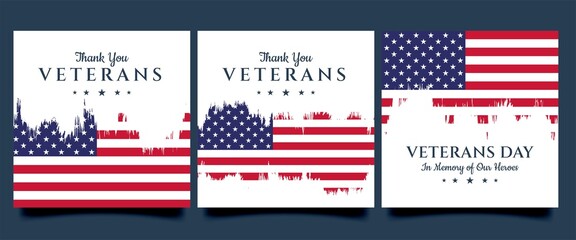 Set of USA Veterans day square banner template design. Usable for social media post, cards, banners, and web.