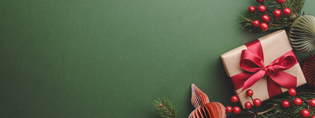 Banner with Christmas gift and decorations on olive background.