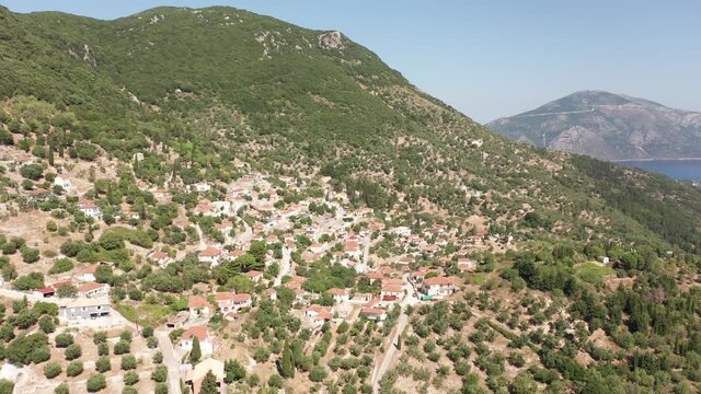 Drone view of Perachori traditional village on the mountainside in Ithaca Greece