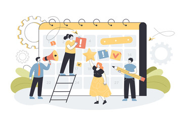 Tiny businesspeople in process of making plan of meetings to reach aims. Business schedule with filling course campaign flat vector illustration. Calendar, time management, entrepreneurship concept
