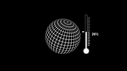 schematic 2D animation of a thermometer and planet earth, global warming, raising the temperature to 50 degrees Celsius, infographics.