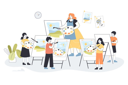 Female painter and kids in front of easels learning drawing using paintbrush. Art teacher giving lesson to children at school flat vector illustration. Painting class, art, hobby, education concept