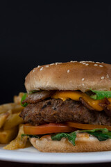 Closeup of fresh tasty cheese hamburger with fries on white dish. Handcrafted meat hamburger with vegetables and bacon.