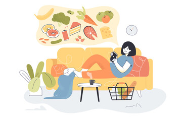 Girl lying on sofa with smartphone and making order in online store. Female character choosing goods and ingredients using app flat vector illustration. Food, modern technology, delivery concept