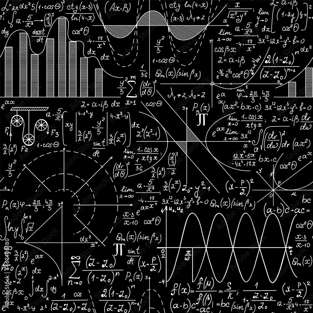 Wall mural mathematical vector seamless pattern with handwritten math formulas, calculations, equations. you ca
